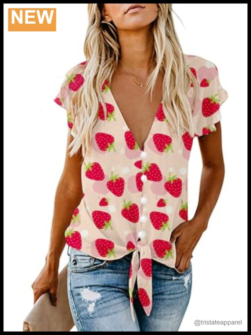 Women's V-Neck Tie Knot Ruffle Sleeve Blouse with Strawberry Print